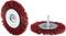 Two red grinding discs with metal hubs. One lies flat, the other stands upright. Both have dense, radially arranged bristles.