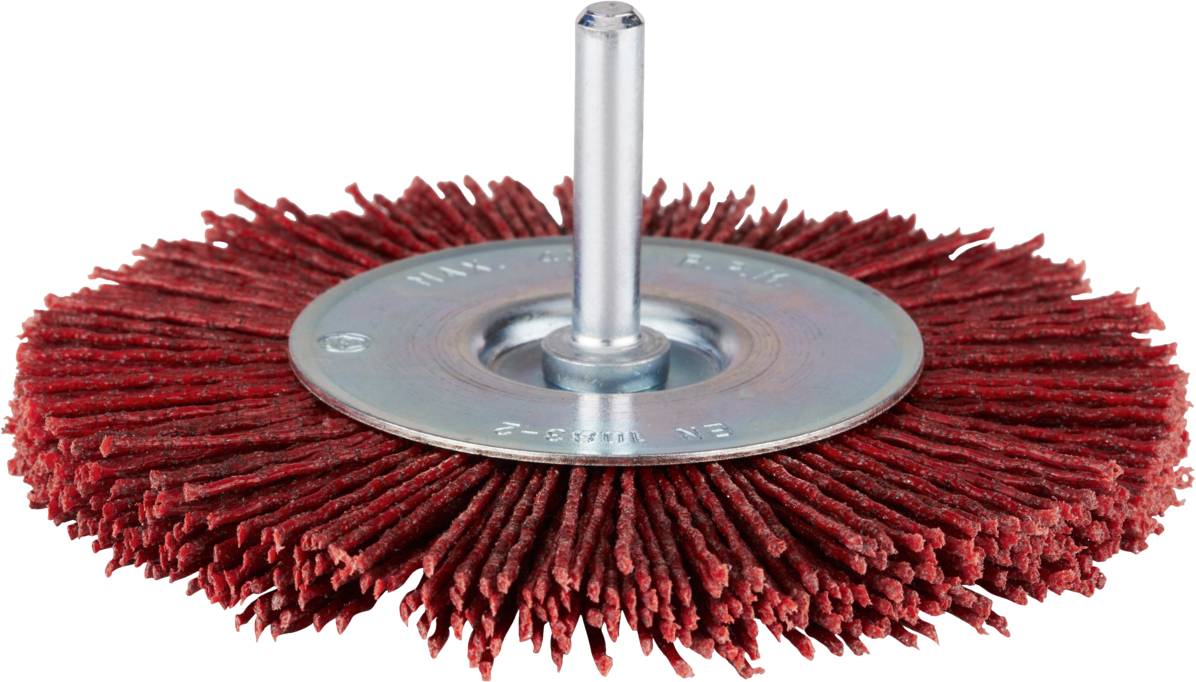 Round, wire brush with metal hub and shaft, suitable for grinding or polishing work.