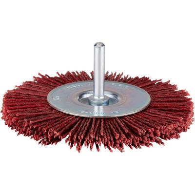 Round, wire brush with metal hub and shaft, suitable for grinding or polishing work.