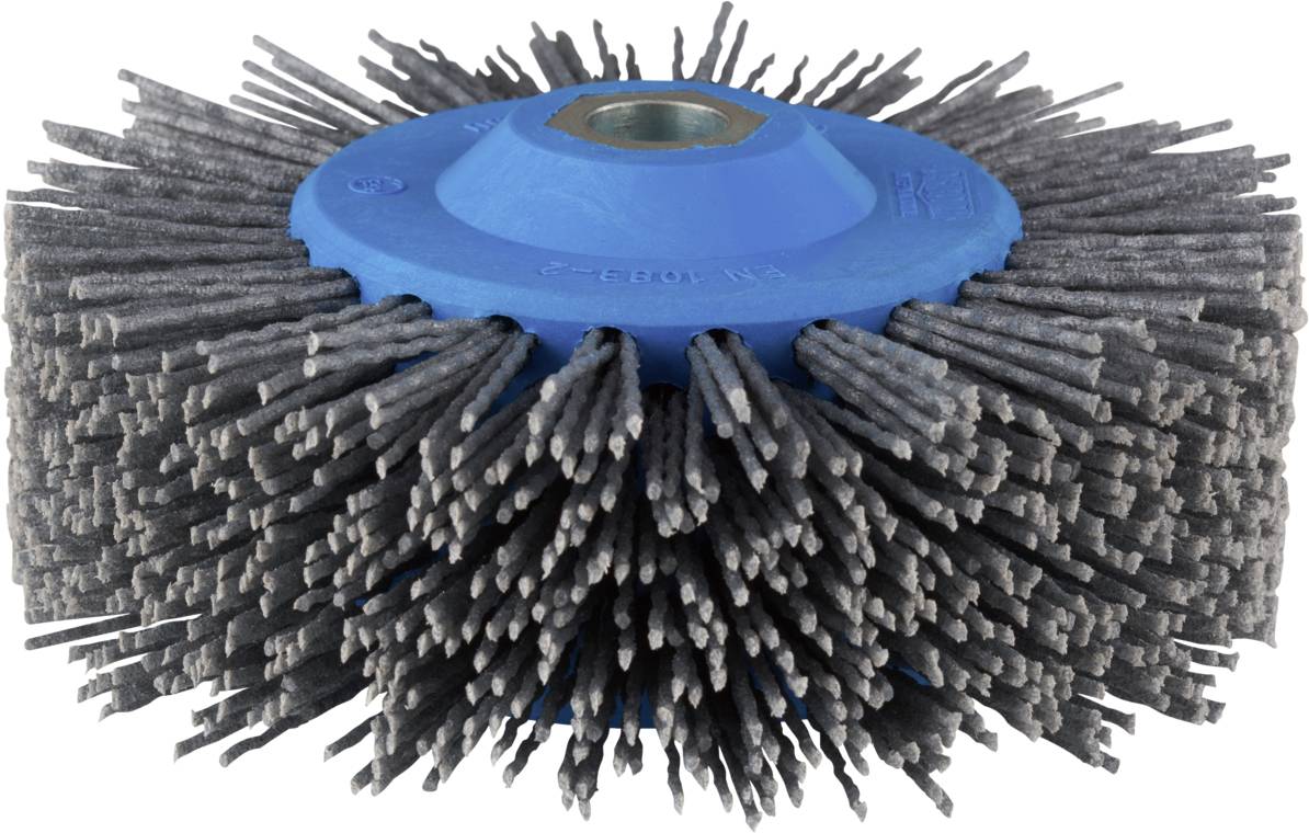 A rotating wire brush with blue plastic elements and grey bristles, suitable for removing rust and paint.