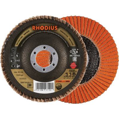 'RHODIUS' grinding disc, max. 80 m/s, 125x22.23 mm. Suitable for metal machining, with 60-grit and 13,300 rpm.
