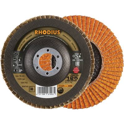 Two grinding discs with the inscription 'RHODIUS', diameter 125 mm, suitable for metalworking, with safety and quality markings.