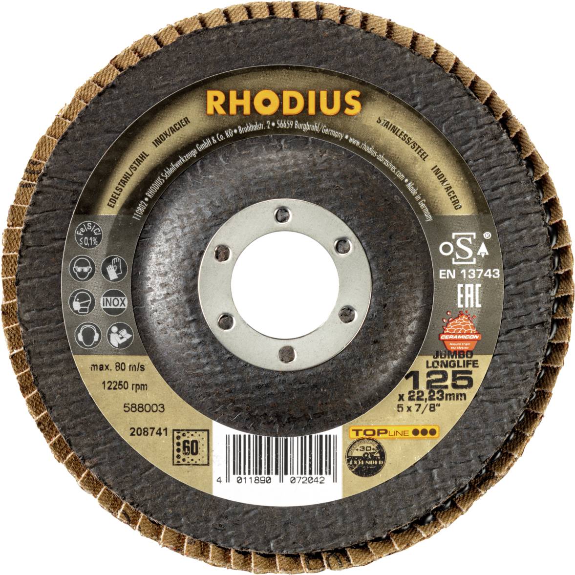 Grinding disc, brand Rhodius, diameter 125 mm, max. 80 m/s, for metal processing, EN 13743 certified.
