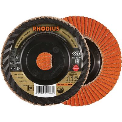 'RHODIUS' grinding discs, orange and black, for metalworking, max. 80 m/s, 13300 rpm, diameter 125 mm, hole 22.23 mm.