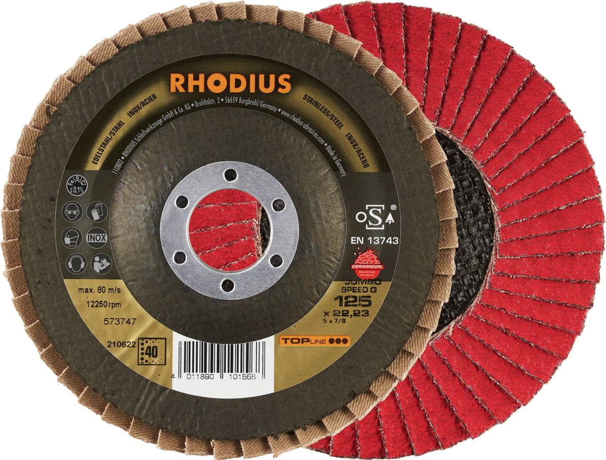 'RHODIUS' abrasive disc, brown and red. Marked with specifications: max. 80 m/s, EN 13743, 12250 rpm, 40 grit.