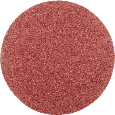 Round, red abrasive disc made of sandpaper, for surface finishing.