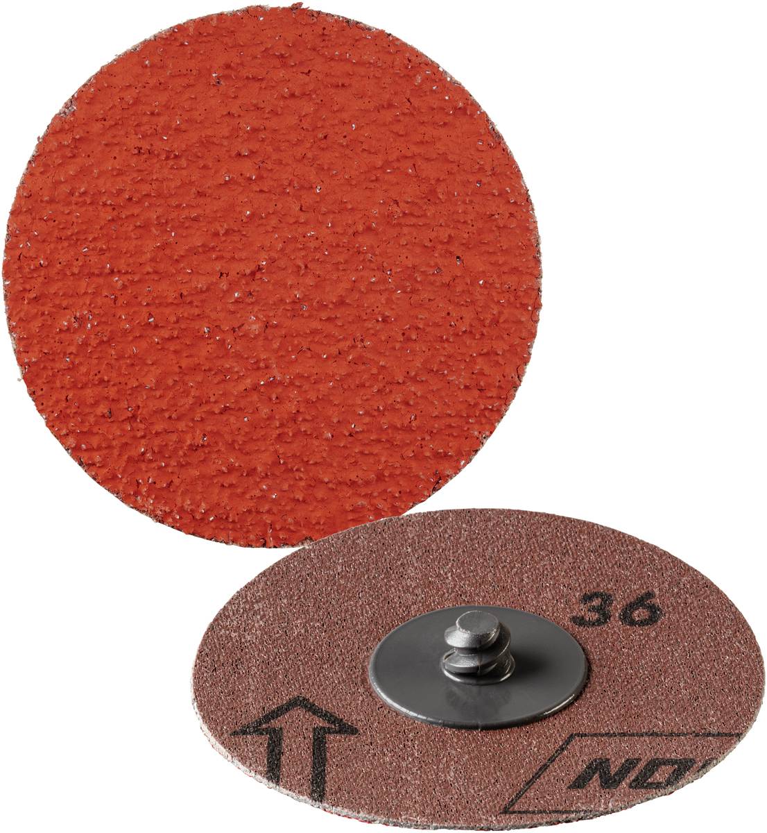 Two grinding wheels: one showing the rough, red surface, the other the reverse side with an arrow and the digit '36', mounted on a disc.