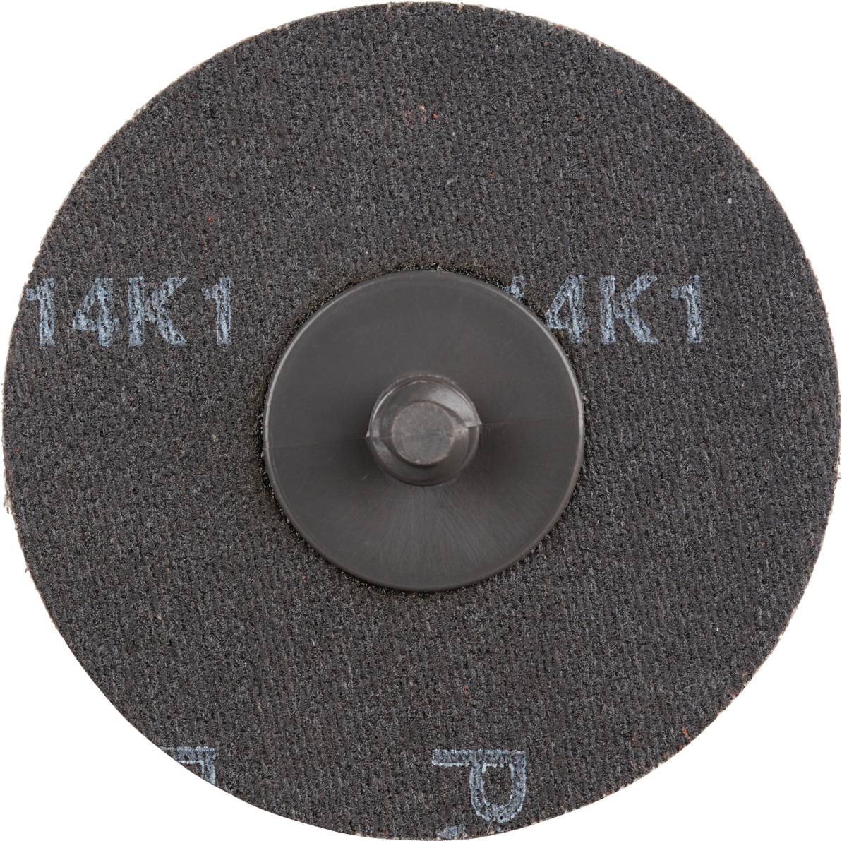 A circular sanding paper with a fixing device in the centre, dark grey with blue inscription '14K1'.