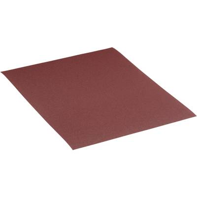 A sheet of sandpaper on a flat surface. It is dark reddish-brown and has an even grain.