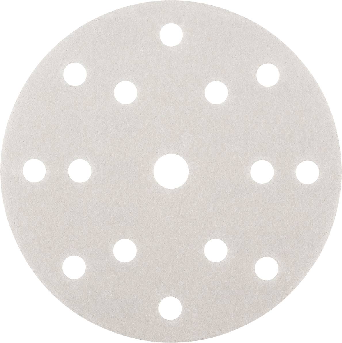 A round sanding pad with multiple holes in a symmetrical arrangement. Suitable for electric sanding devices.