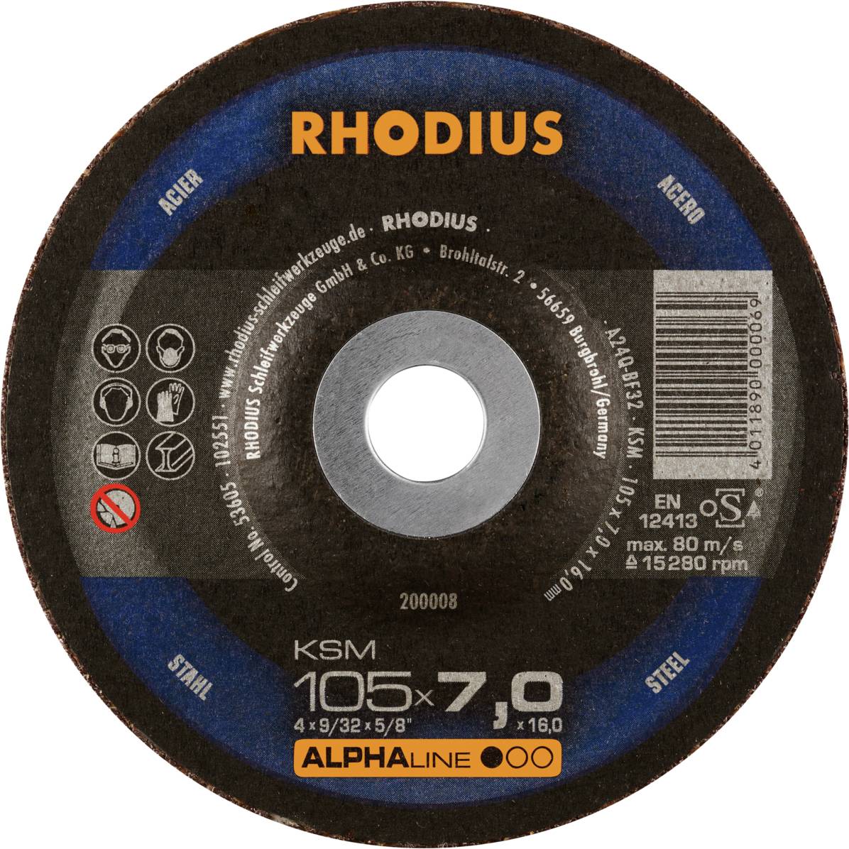 Grinding disc with 'RHODIUS' inscription, 105 mm diameter, suitable for steel, max. 80 m/s, 7 mm thickness, safety marking.