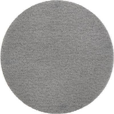 Grey, round carpet with a uniform, textured surface, likely made from a soft material such as wool or cotton.