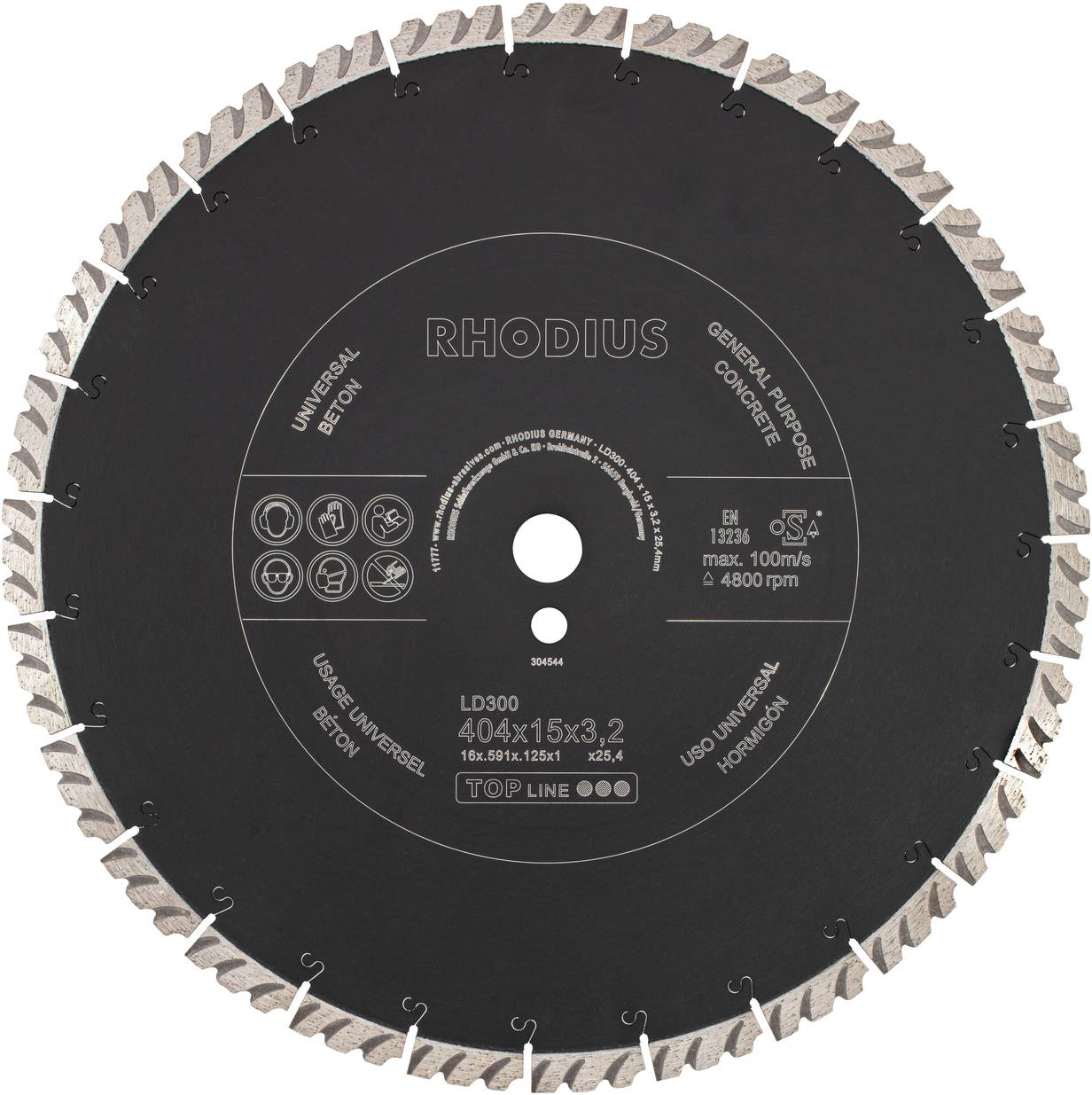 'RHODIUS' cutting disc, suitable for concrete and general applications, diameter 405 mm, 15 segment teeth, max. 100 m/s, 4800 rpm.