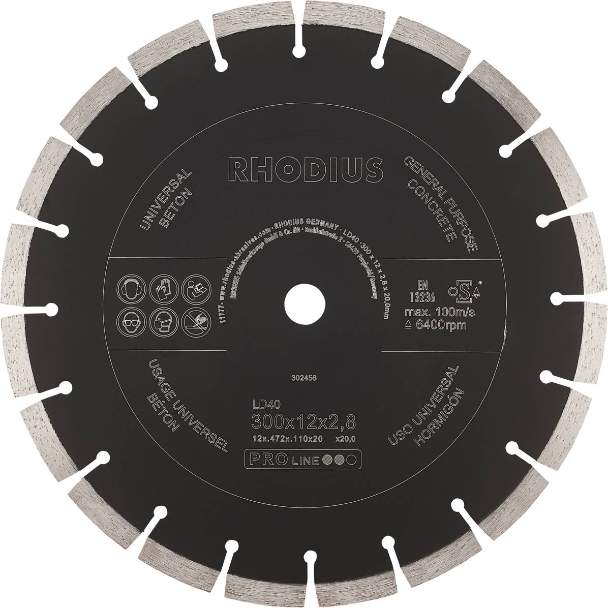 Diamond cutting disc by Rhodius for concrete, size 300x12x2.8 mm, with a maximum rotational speed of 6,400 rpm.