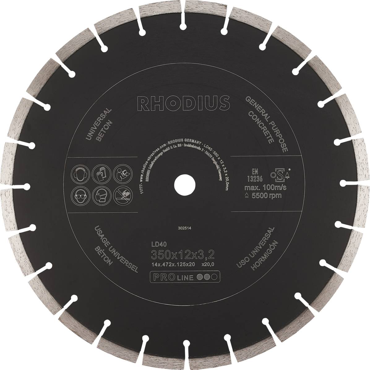 A disc marked 'RHODIUS', suitable for concrete and universal use. Size: 350x12x3.2 mm, max. 100 m/s.