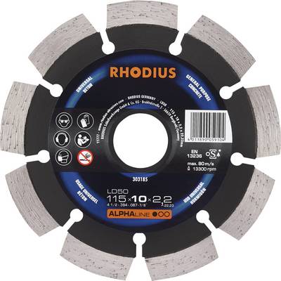 Circular saw blade with 'Rhodius' inscription. Diameter: 115mm, thickness: 2.2mm. Suitable for universal and new construction materials.
