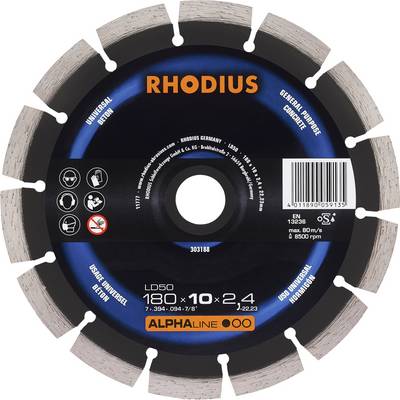 'Rhodius diamond disc for concrete. Type LD50, 180 x 10 x 2.4 mm, 80 m/s, max 8500 rpm. Versatile, for dry or wet use.'