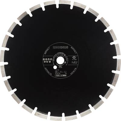 A black circular saw 'RHODIUS', with silver cutting teeth and text information in the centre, on a white background.