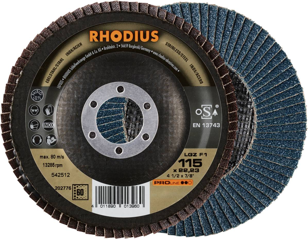 Rhodius grinding disc, 115 mm, suitable for metal processing, max. 80 m/s, with safety symbols and usage instructions.