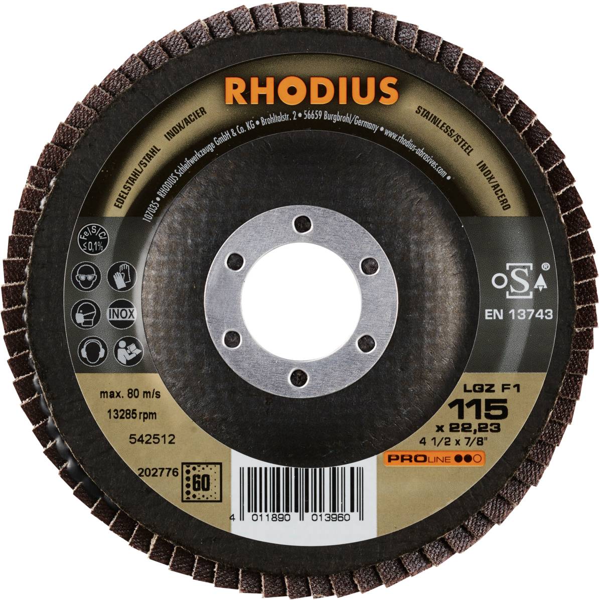 A Rhodius grinding disc, specially designed for stainless steel. Maximum rotational speed 13,286 rpm, diameter 115 mm.
