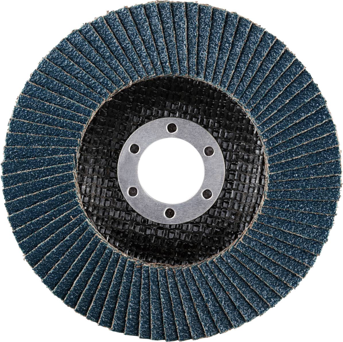 A grinding wheel with blue lamellas and a central opening for mounting.