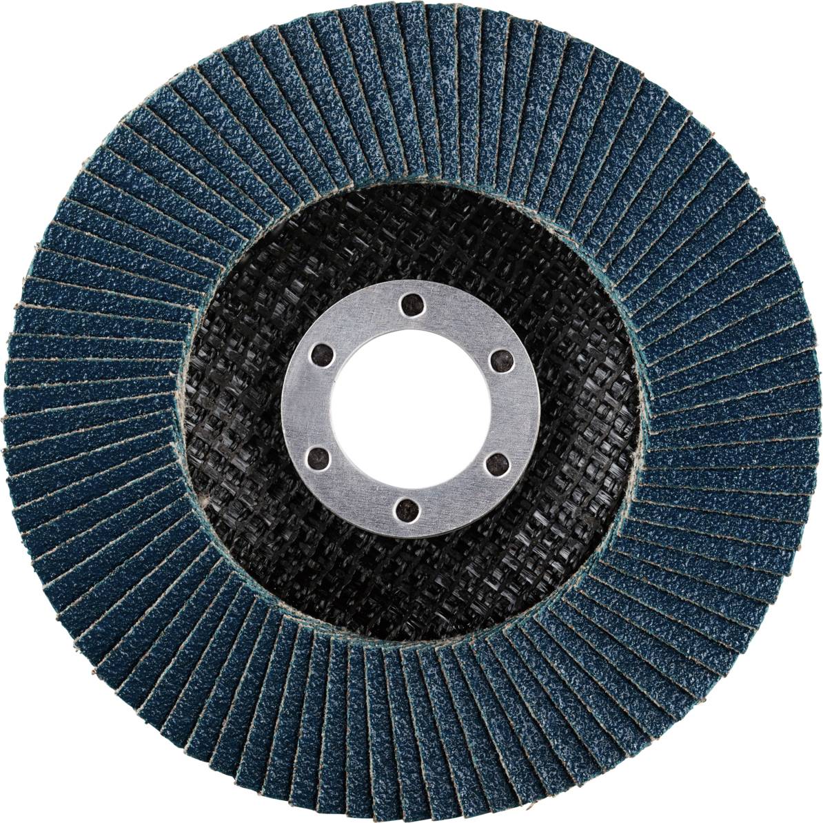 Grinding wheel with blue fluted edges in a circular shape, set against a black background. Suitable for grinding metal or wooden surfaces.