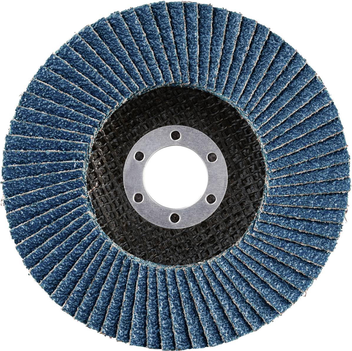 Grinding disc with blue lamellas, arranged in a circular pattern around a central hole. Used for grinding metal surfaces.