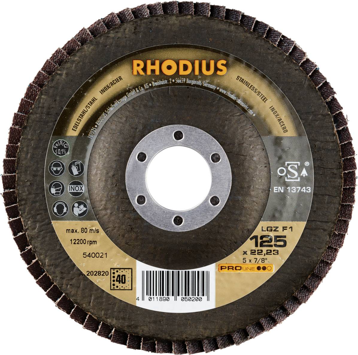 Rhodius grinding disc, model LGZ F1, diameter 125 mm, max. 80 m/s, suitable for stainless steel and metalworking.