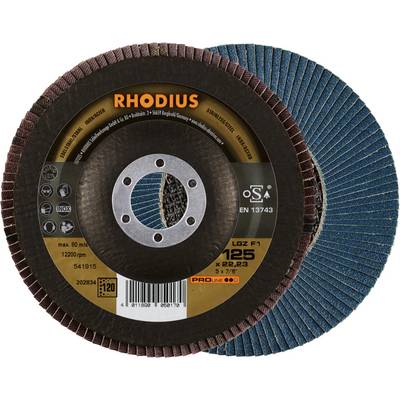 Grinding disc with brand name 'Rhodius', 125 mm diameter, suitable for up to 12,200 rpm.