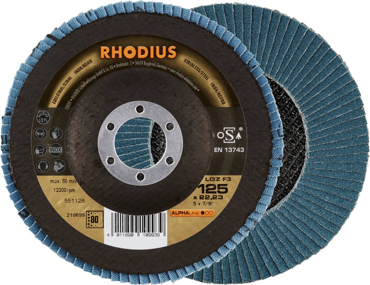 Rhodius grinding disc, model LQZ F3, diameter 125 mm, for grinding and polishing. Packaging displays technical details and logos.