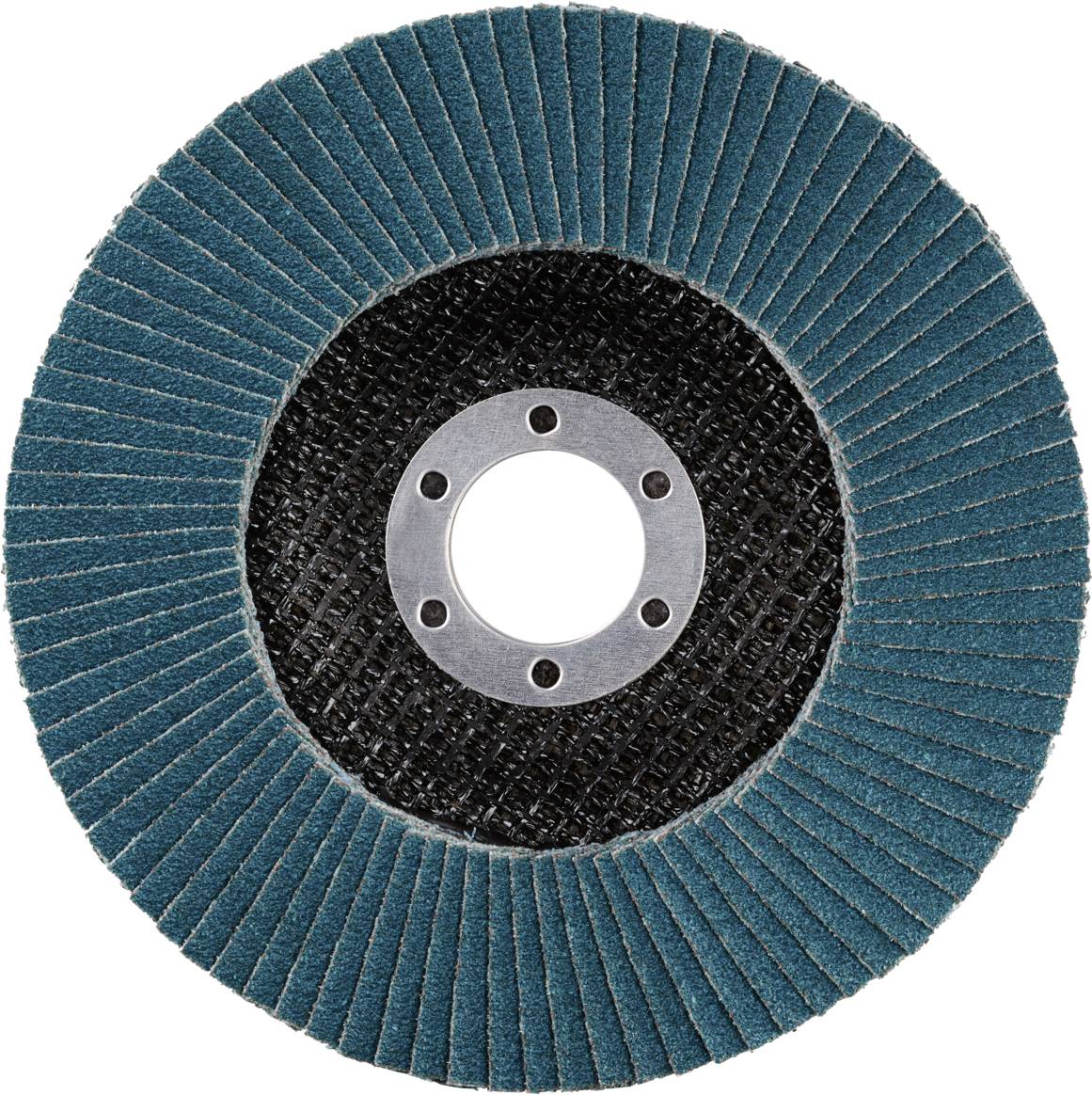 A flap disc with blue lamellas and a central hole, used for grinding metal or wood.