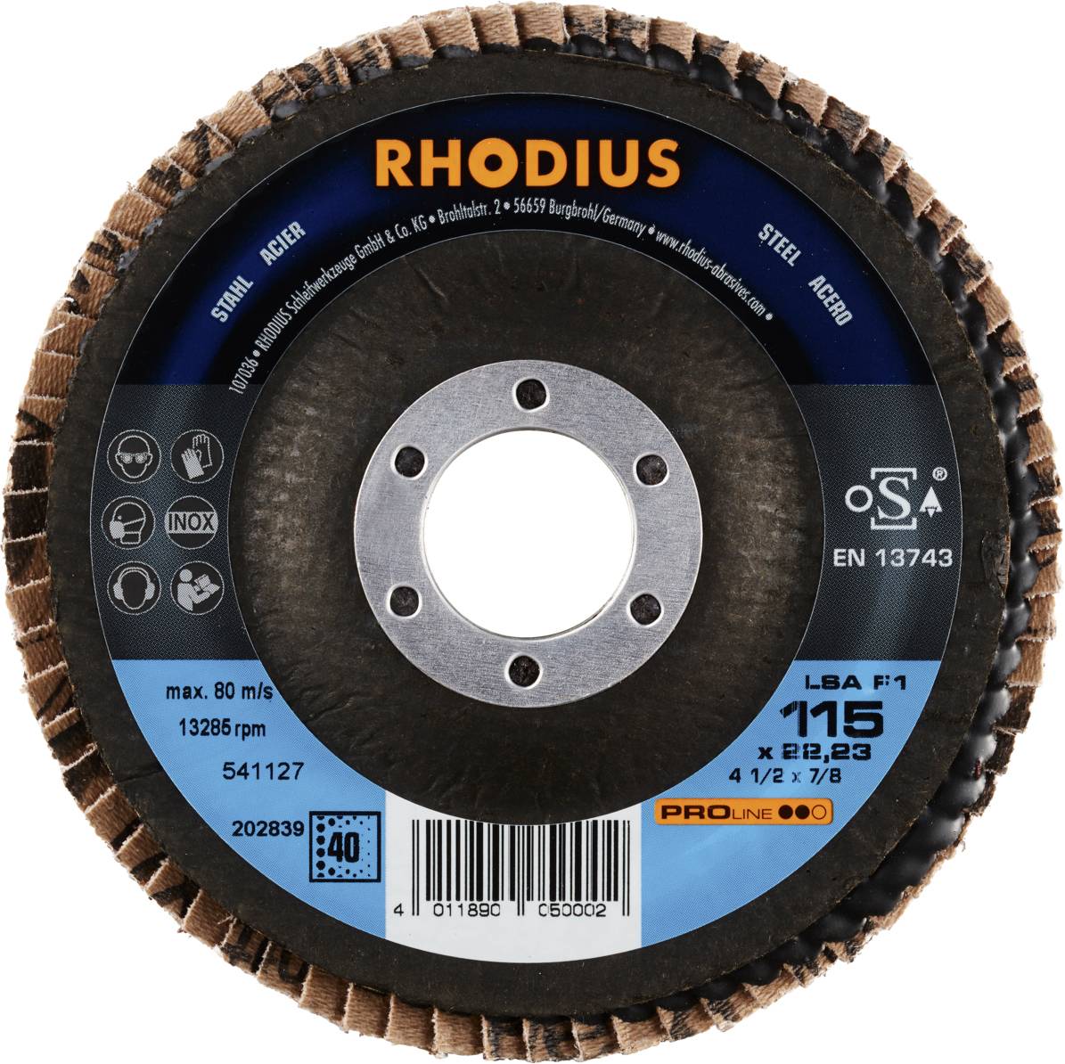 Rhodius grinding disc, model LSA F1, 115 mm diameter, for steel. Speed: max. 80 m/s, rotations: 13,285 rpm.