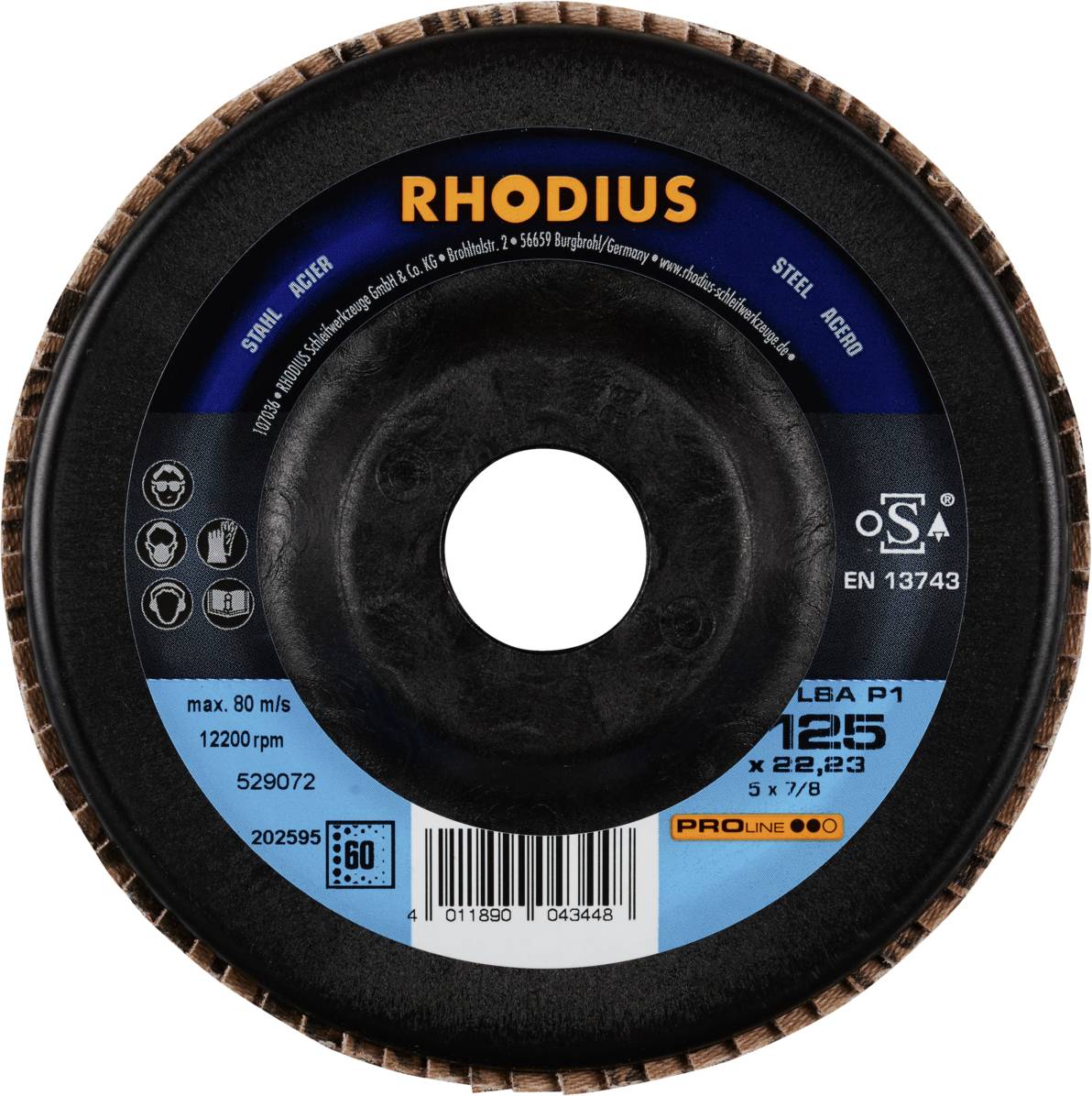 Rhodius cutting disc, model LBA P1, size 125 x 22.23 mm. Maximum speed: 80 m/s. EAN: 4011890043448.