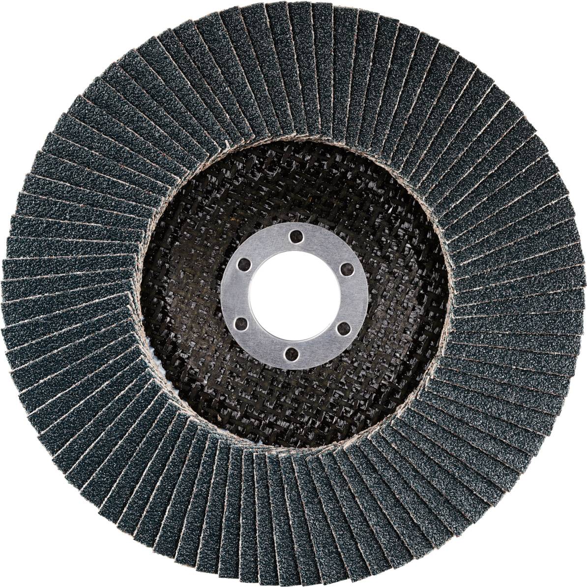 'Industrial abrasive wheel made of emery paper with radially arranged lamellae, central metal core and hole pattern for attachment.'