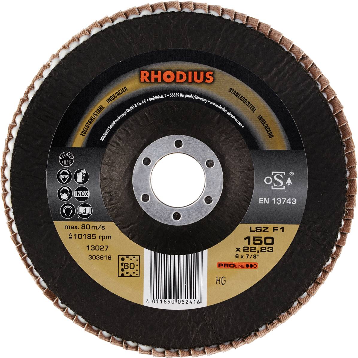Grinding disc with inscription 'RHODIUS', max. 80m/s, 10185 rpm. Diameter 150 mm. EN 13743 certified, for metalworking.