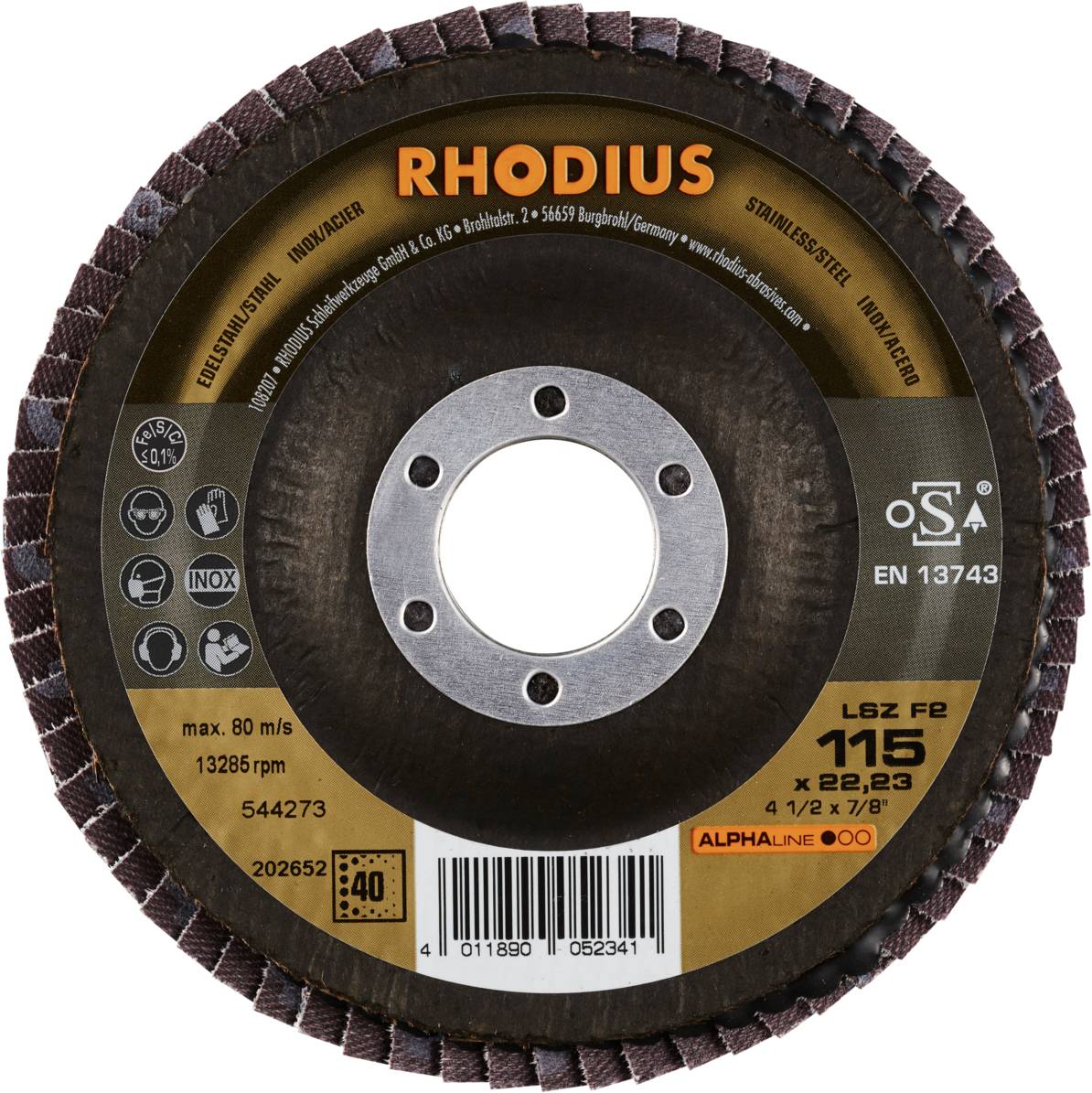 'RHODIUS Cutting Disc, 115 mm diameter, max. 80 m/s. For processing stainless steel and construction. EN 13743 certified.'
