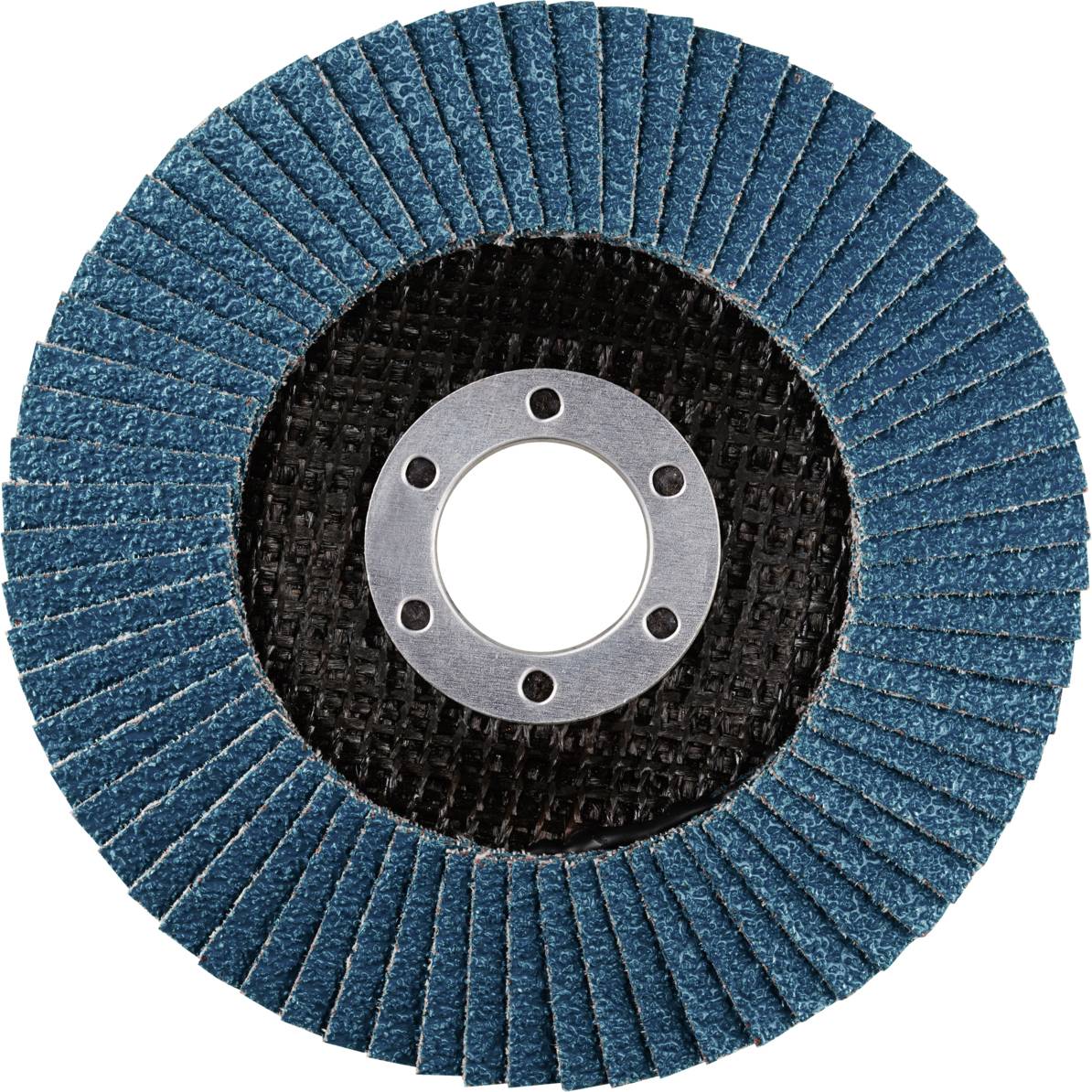 Grinding disc with blue lamellas and silver centre, circular design, for surface grinding.