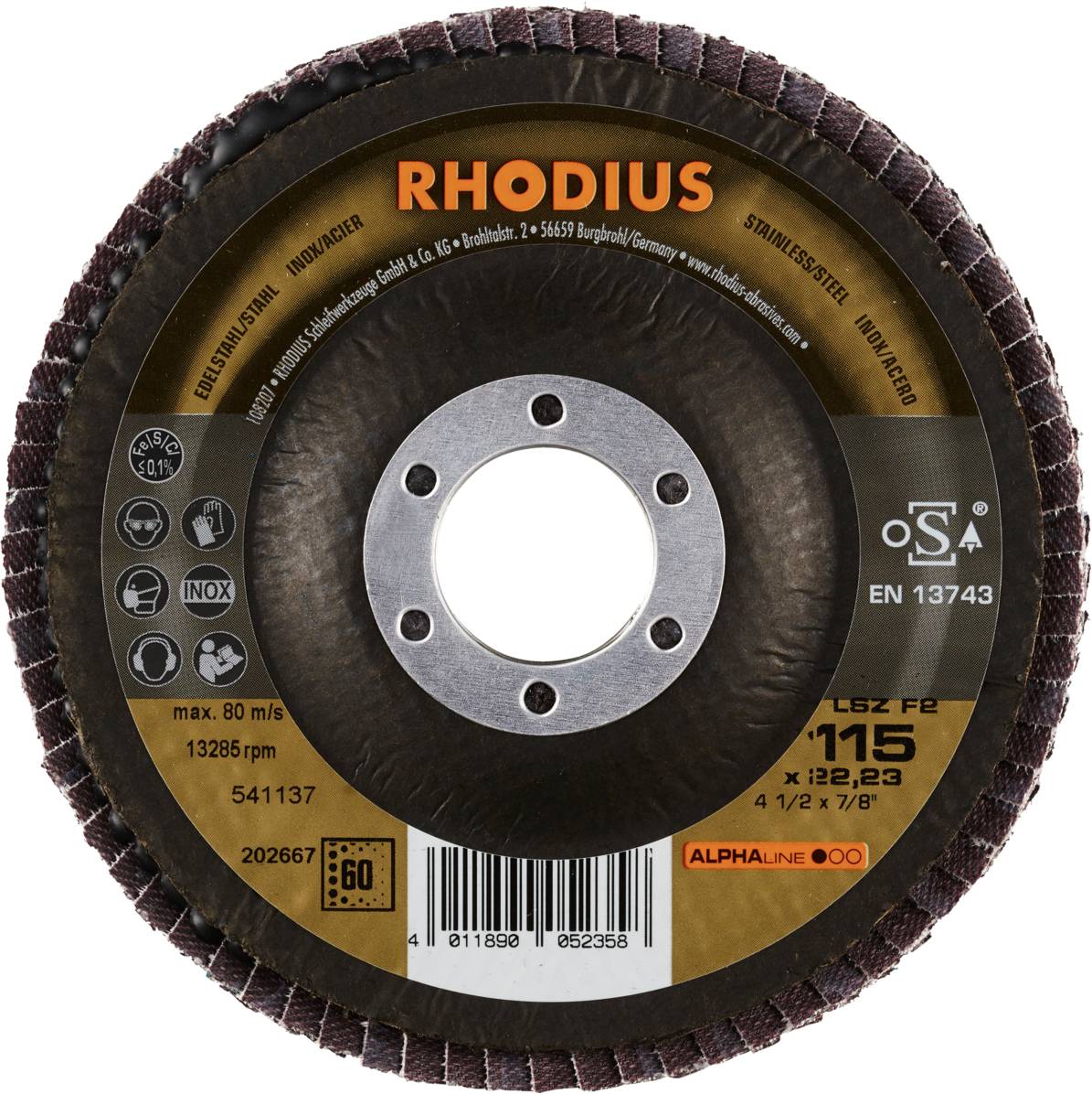 'Rhodius grinding disc, model LSZ F2 115 x 22.23, suitable for stainless steel, with maximum speed of 80 m/s and 13,285 rpm.'