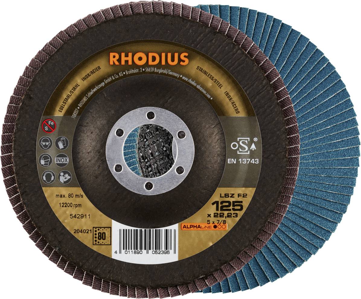 Grinding disc with 'RHODIUS' inscription, diameter 125 mm, max. 80 m/s. Contains safety symbols and application details.