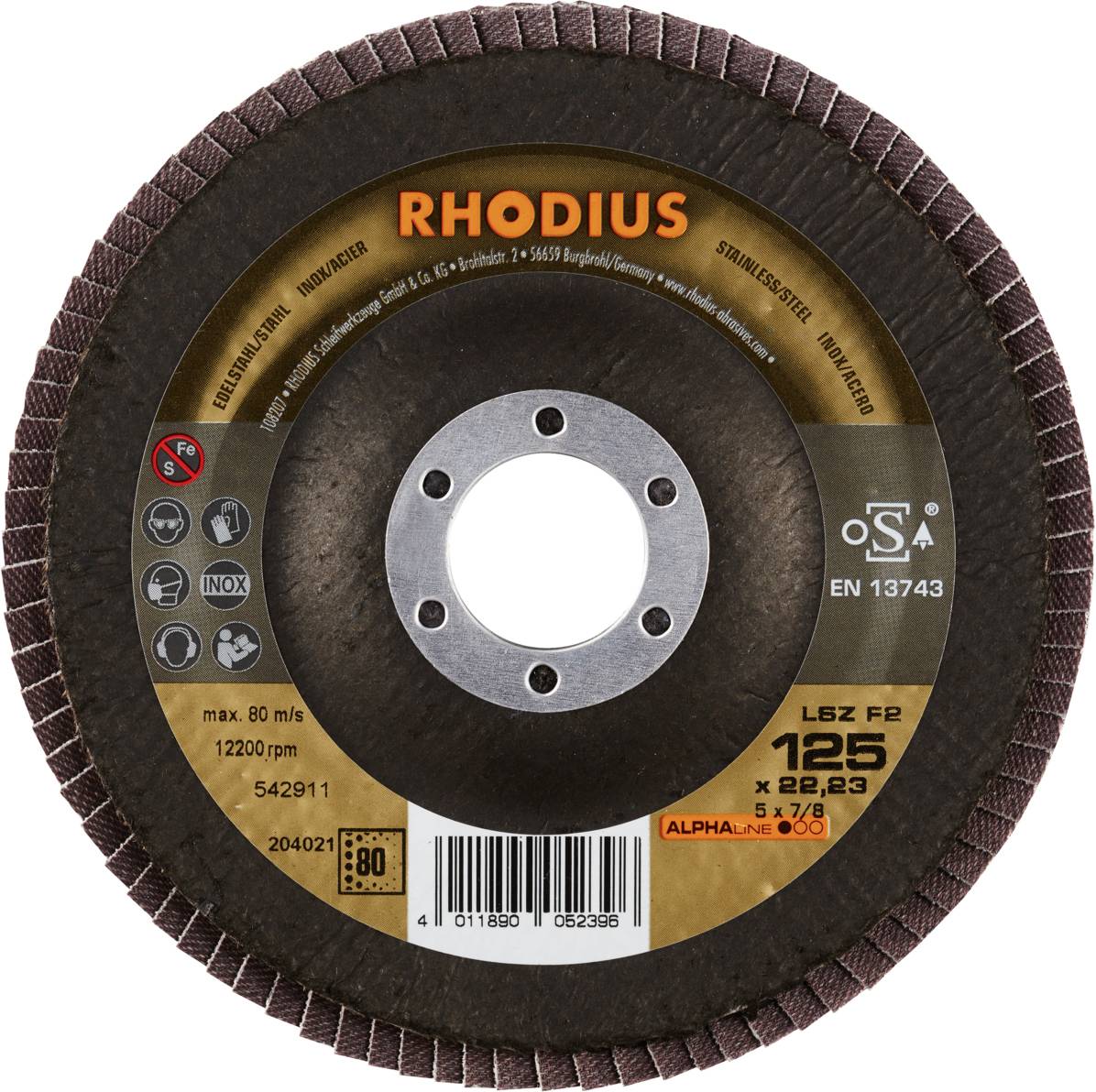 'RHODIUS' grinding disc, diameter 125 mm, max. 80 m/s, suitable for steel and stainless steel.