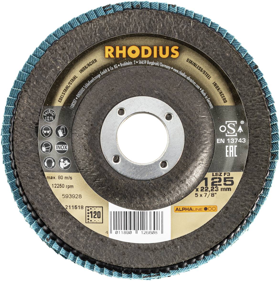 Rhodius grinding disc with technical specifications; details on speed, size, and material type provided in the middle section.