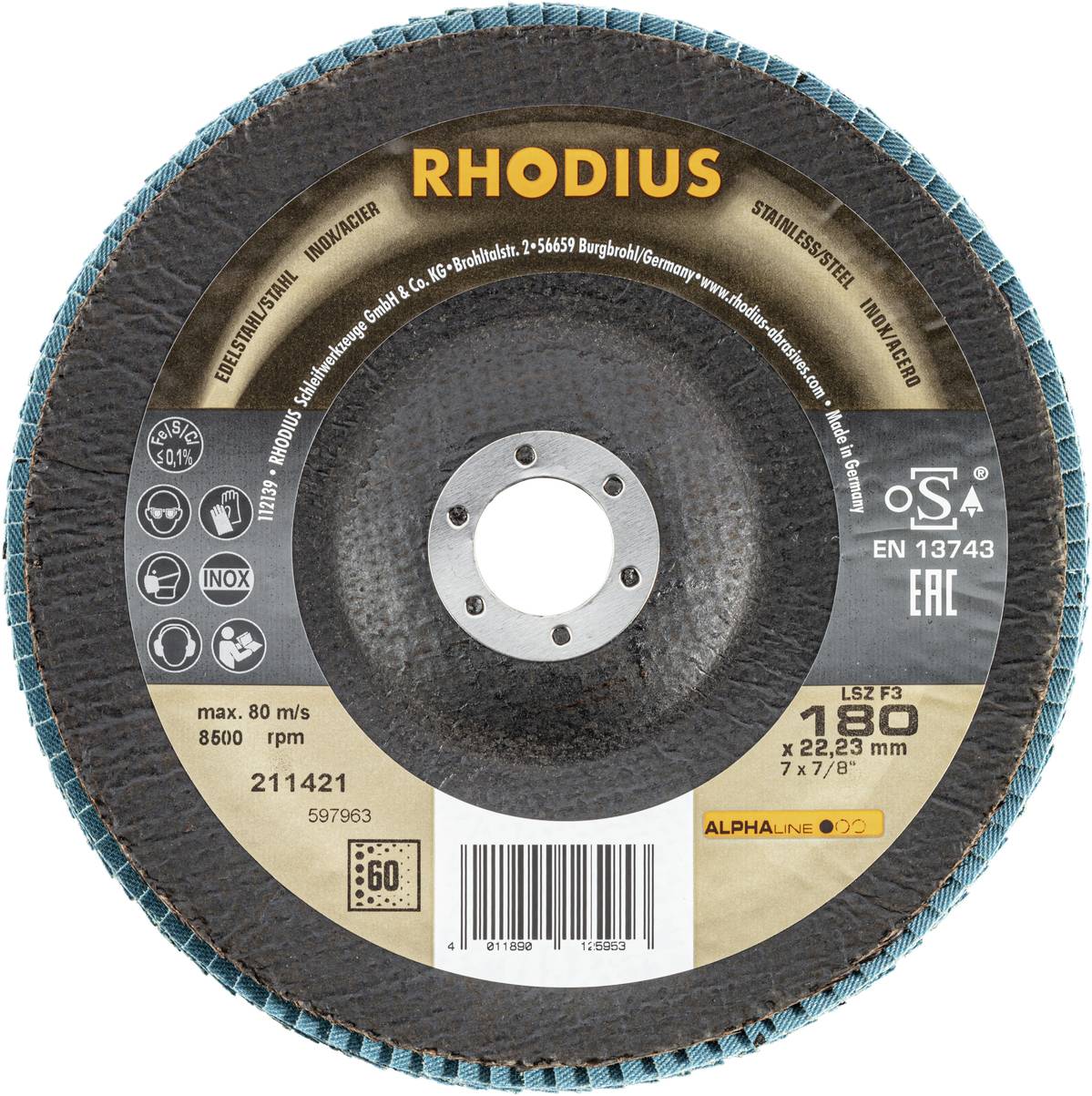 'RHODIUS' cutting disc with a central hole, suitable for stainless steel, offers high rotational speed up to 8,500 rpm and max. 80 m/s.