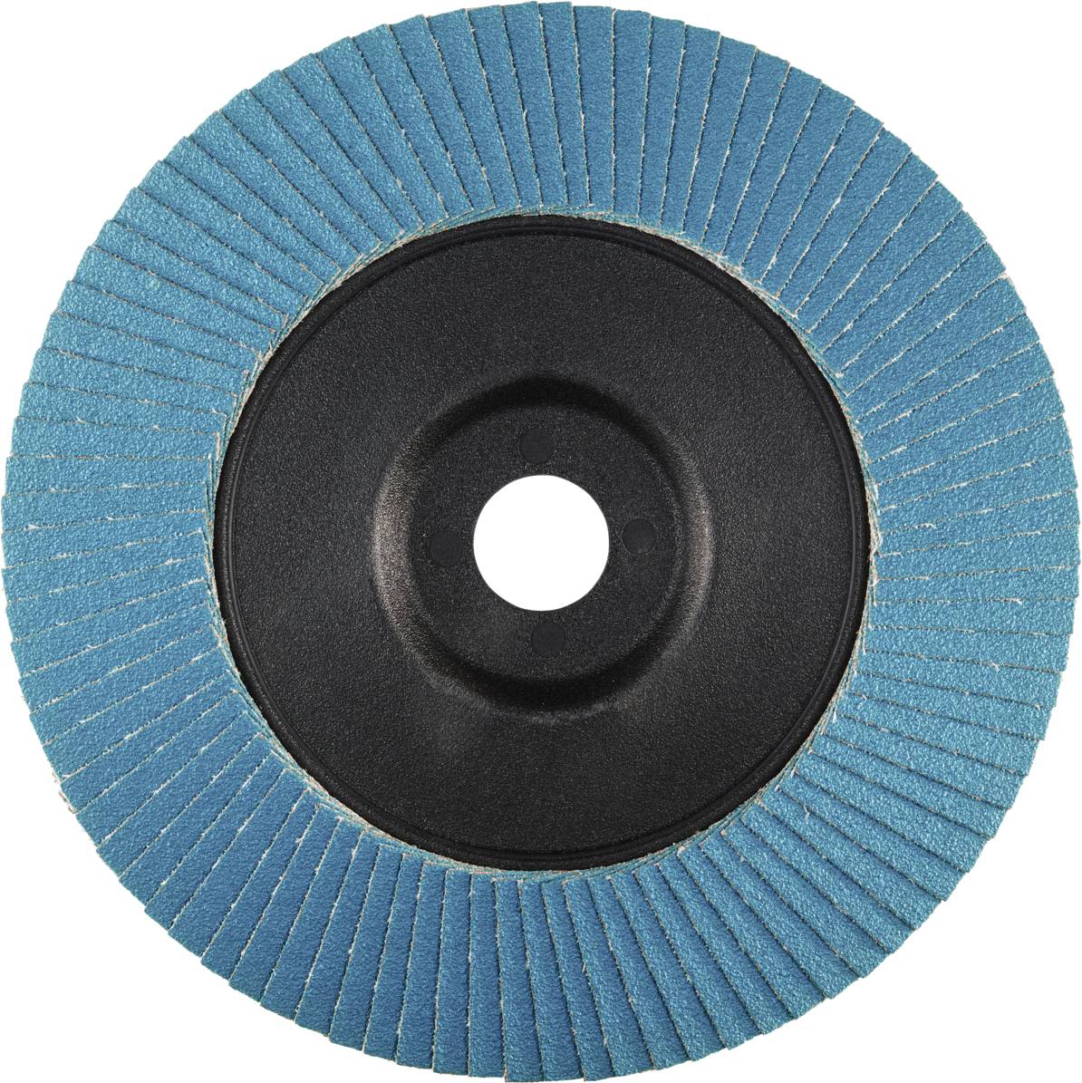 A blue lamellar disc with a central opening. The disc has evenly distributed grinding lamellae and is used for material processing.