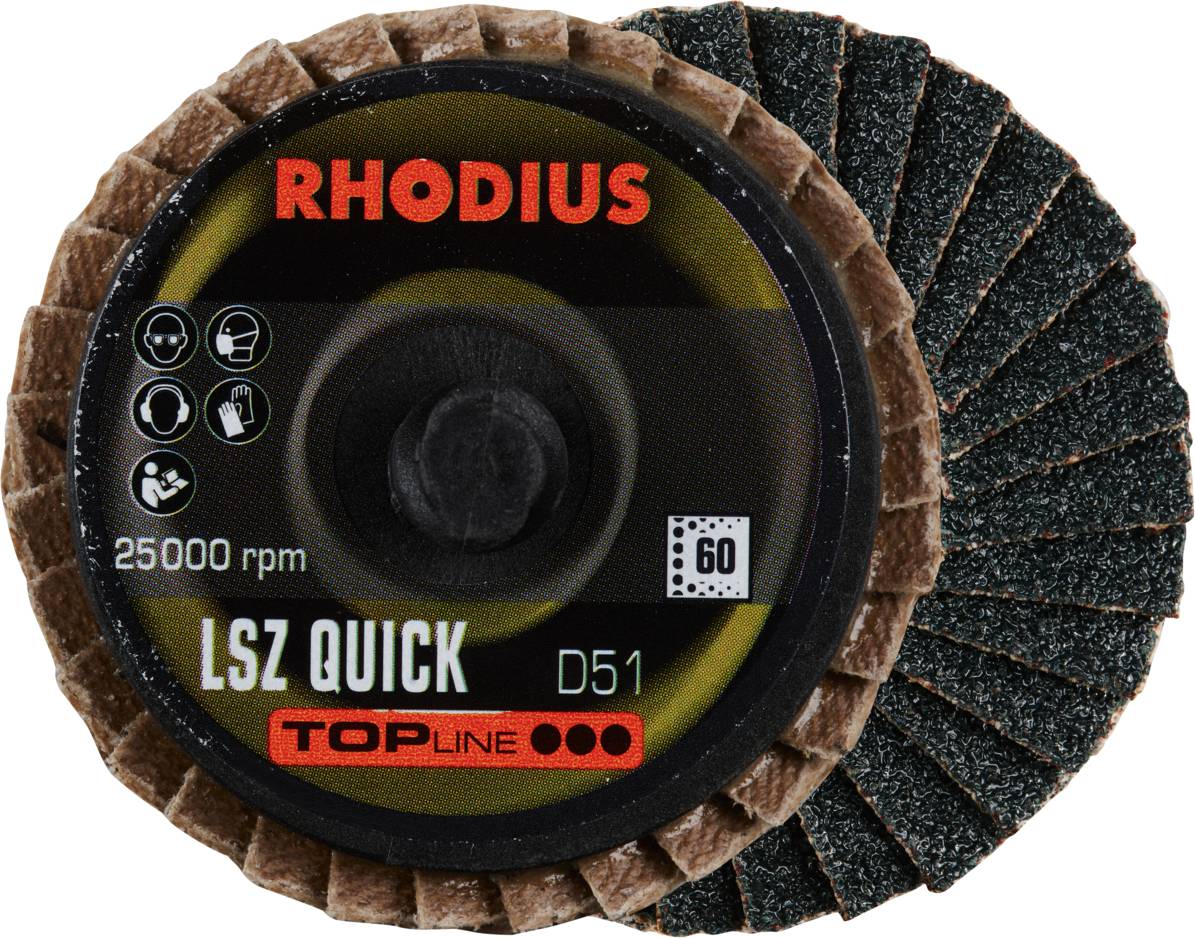 Flap disc with the inscription 'RHODIUS LSZ QUICK D51', suitable for 25,000 rpm. Grit: 60. Brand: TOPLINE.