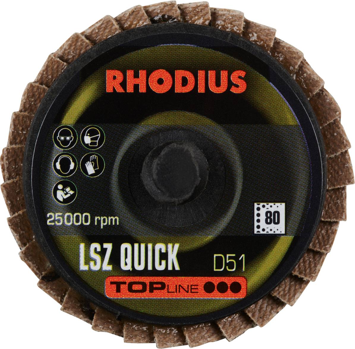 Grinding disc with labels: 'RHODIUS LSZ QUICK D51', speed 25,000 rpm, grit 80. Suitable for metalworking.
