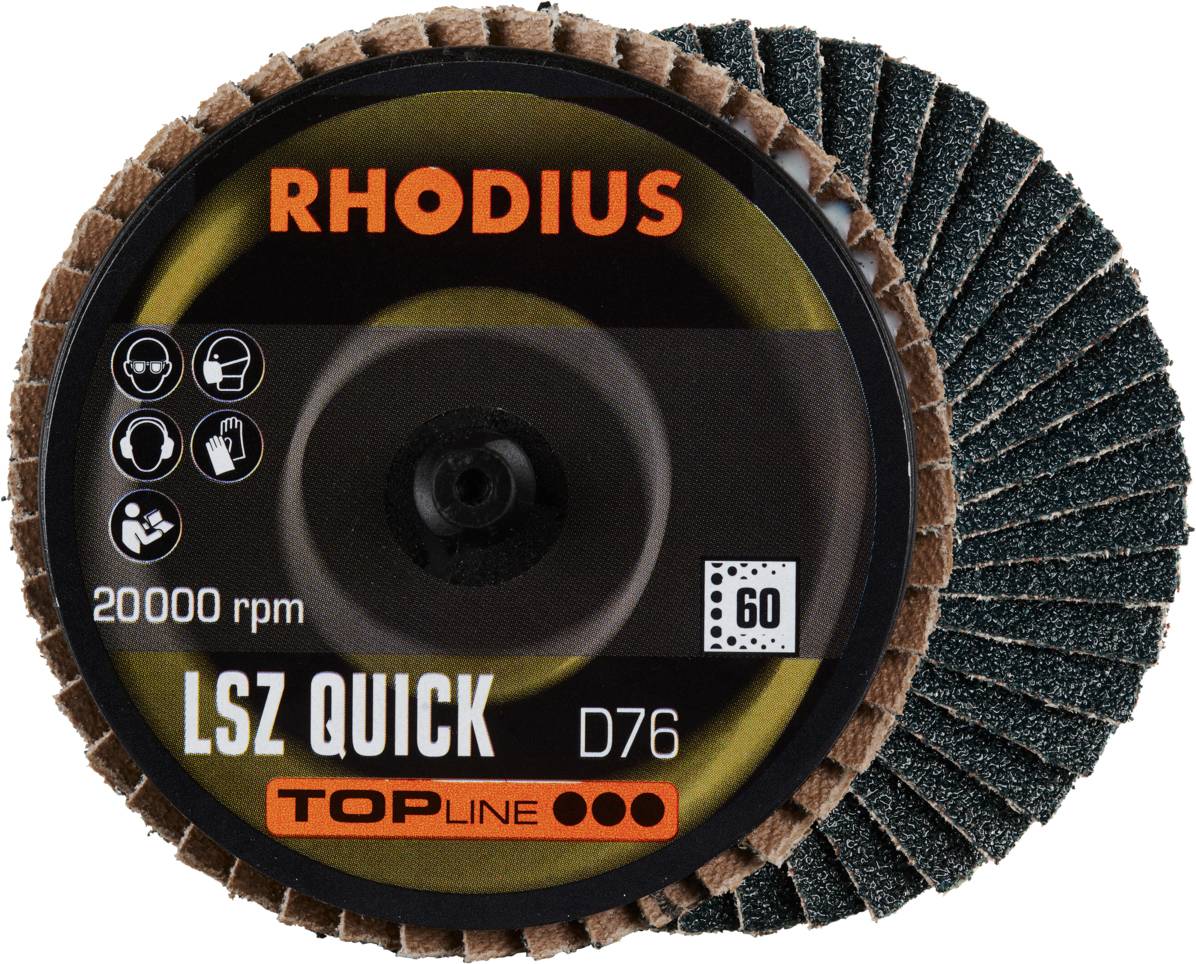 Cutting disc with the inscription 'RHODIUS LSZ QUICK D76'. Rotation speed: 20,000 rpm. Suitable for metalworking.