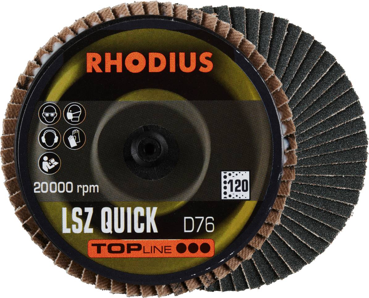Grinding Disc 'RHODIUS LSZ QUICK D76', 20,000 RPM, Grit 120, for Metal Machining.