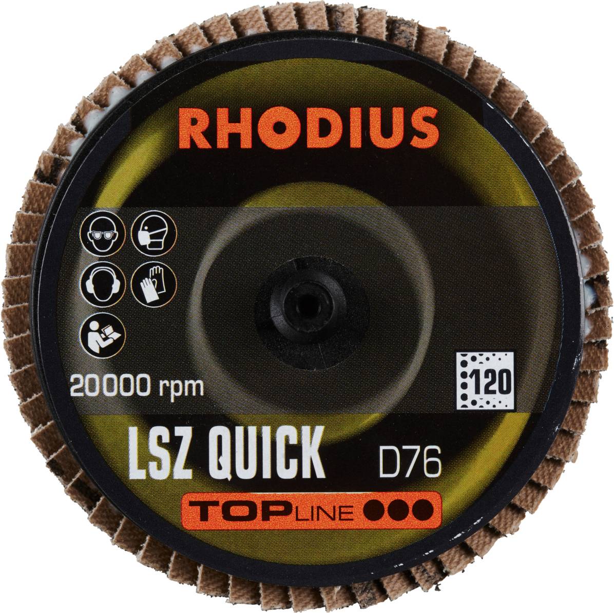 Rhodius grinding disc with inscription: '20000 rpm', 'LSZ QUICK D76', and '120 grit'. Application area pictograms visible.
