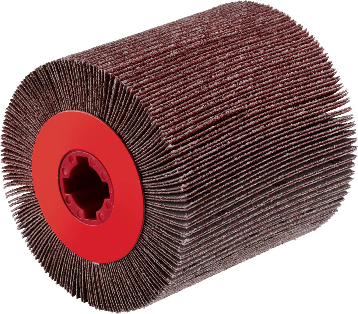 Cylindrical brush with red fibres wound spirally around a central red mounting, used in grinding machines.