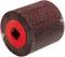 Cylindrical brush with red fibres wound spirally around a central red mounting, used in grinding machines.